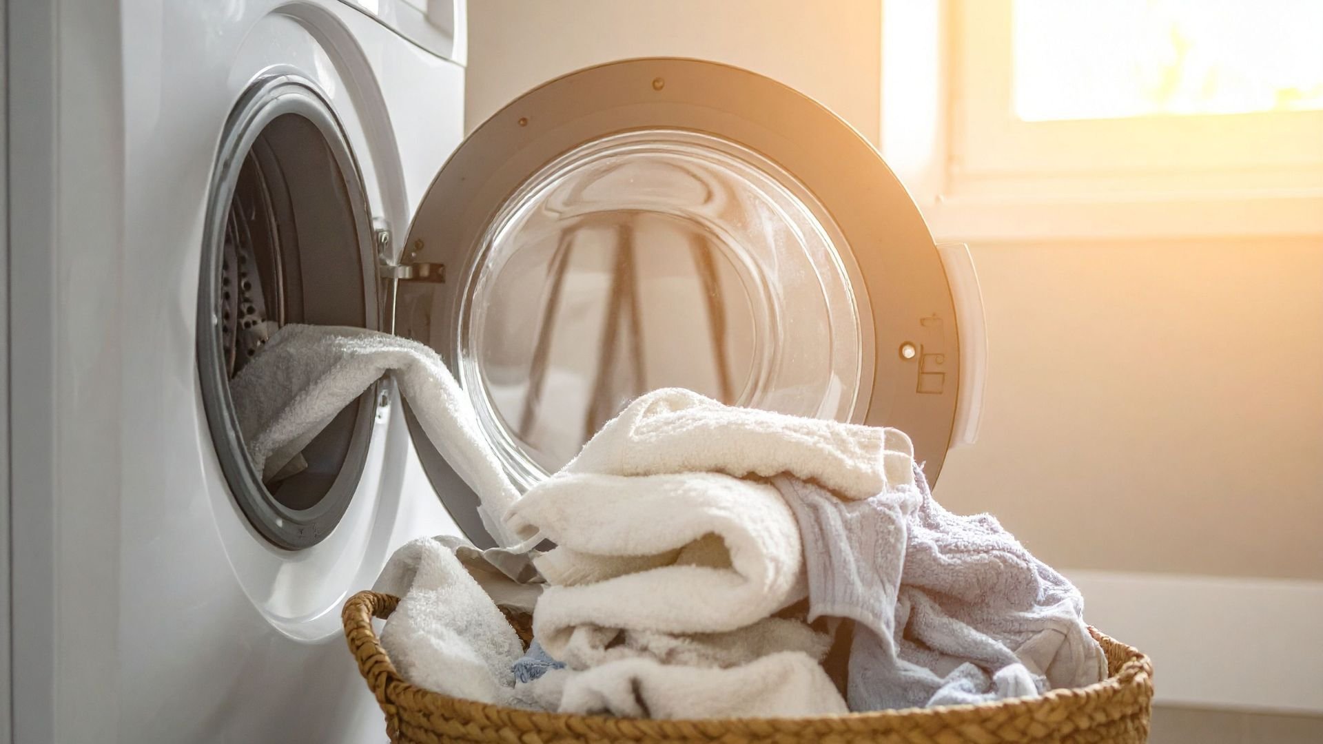 Open washing machine with clean towels in woven basket near sunlit window