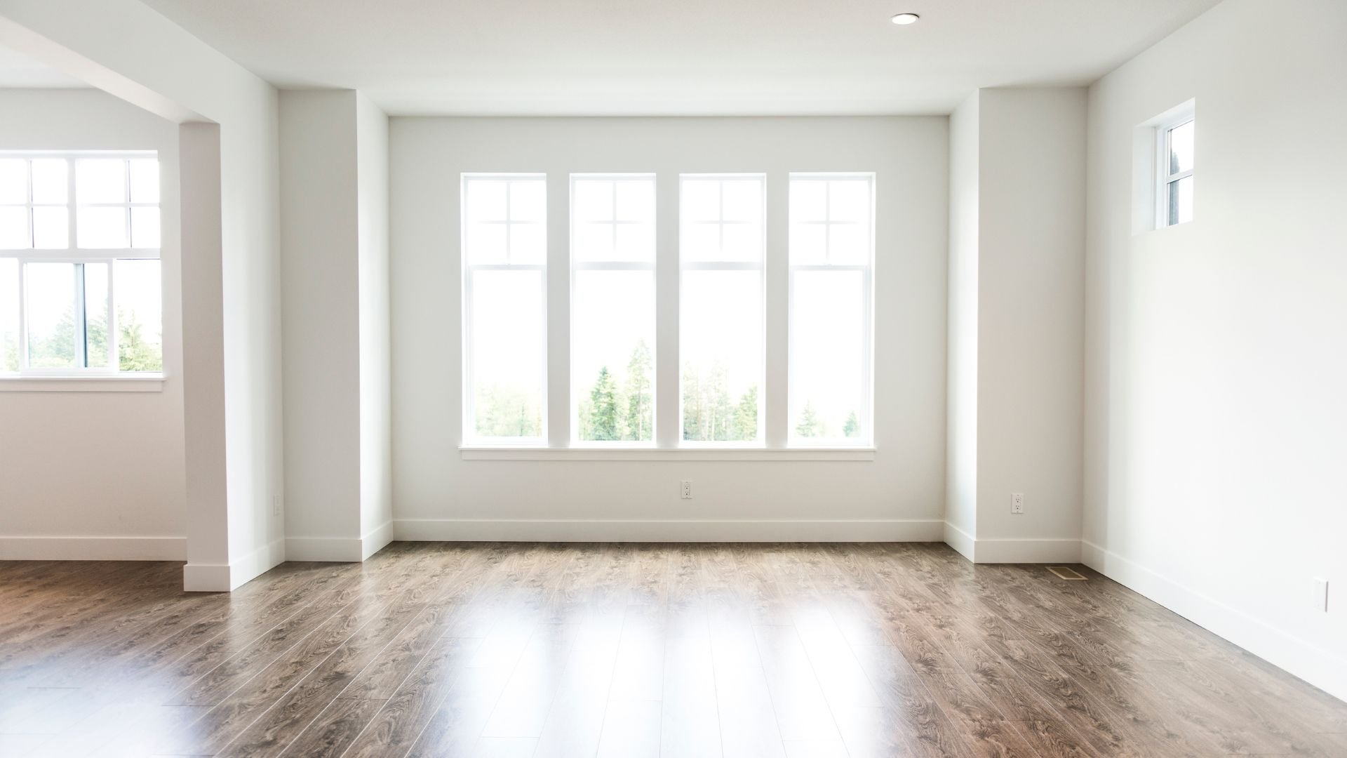 Empty white room with large windows and wood floor, natural light streaming in