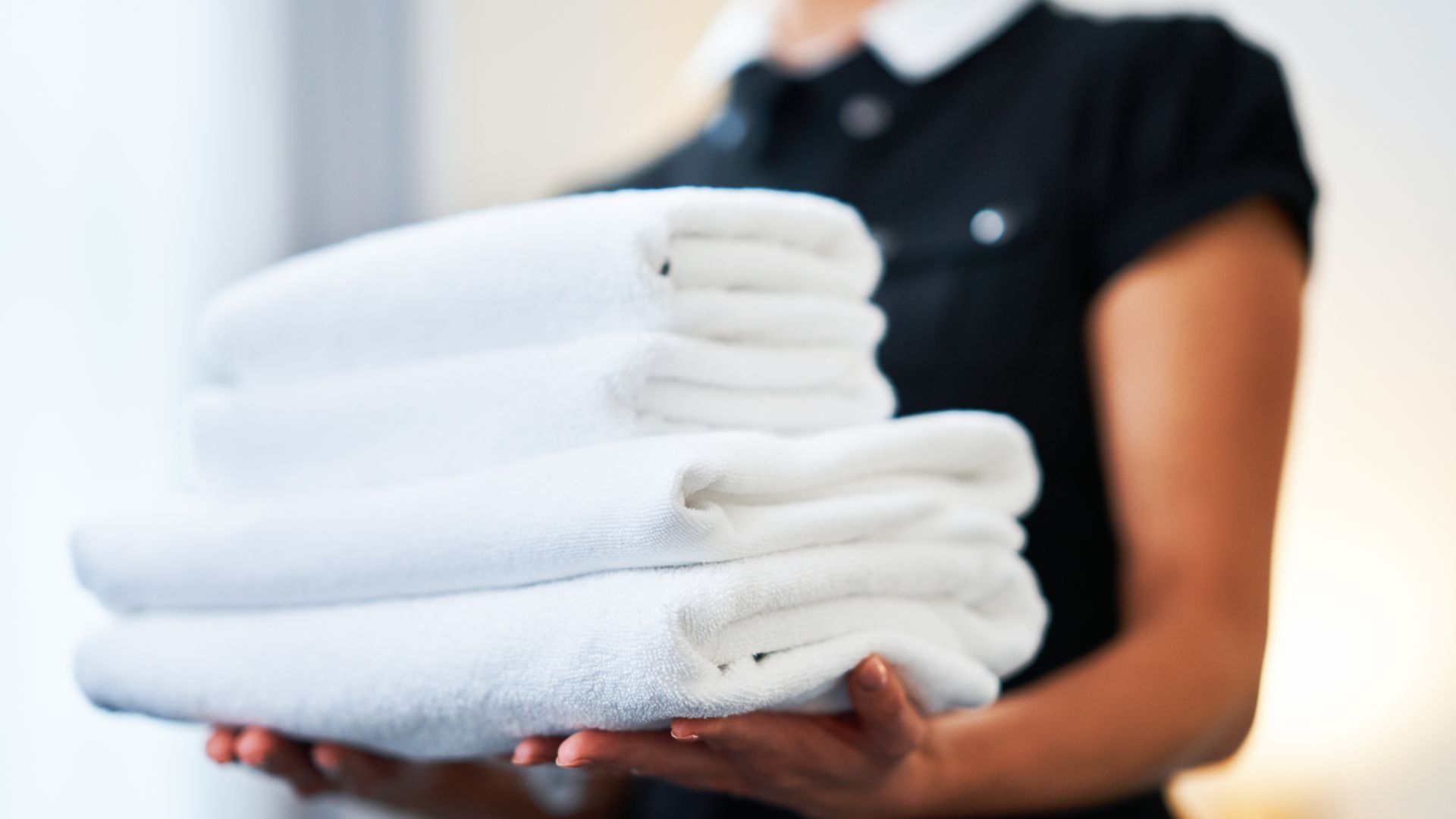 Neatly folded white towels held by a person in a black shirt